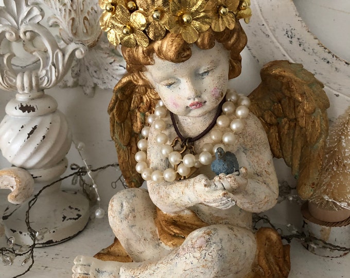Small Cherub Statue With Crown/shabby Chic/gold Flower Etsy