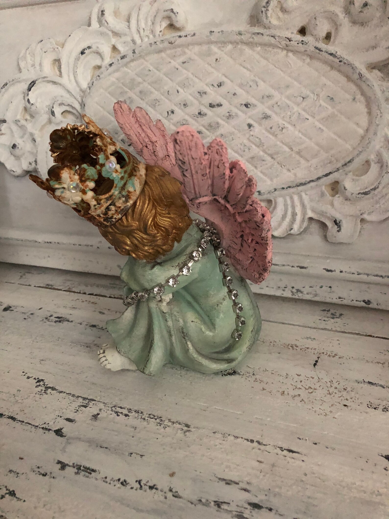 Small cherub statue with crown shabby chic mantel decor Etsy