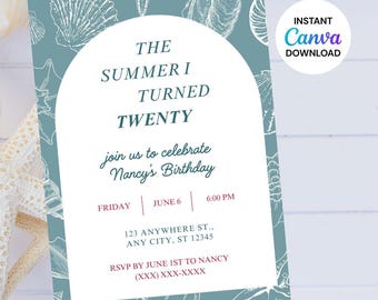 The Summer I Turned Pretty | Lola | Coastal Birthday Invitation | Editable Beach Party Invite for Women - Summer Party - Canva Download