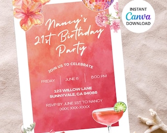 Coastal Birthday Invitation - Editable Beach Party Invite for Women - Canva Template - Summer Party - Instant Download