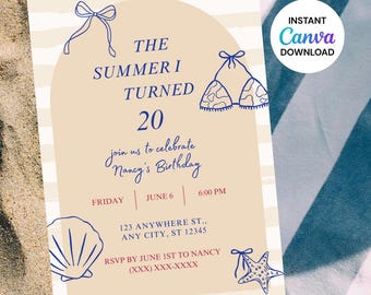 The Summer I Turned Pretty-uitnodiging | Verjaardagsuitnodiging kust | Bewerkbare stranduitnodiging voor dames - zomerfeest - Canva downloaden