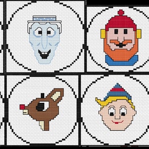 May include: Eight circular cross-stitch patterns featuring characters from the classic Christmas movie, 'Rudolph the Red-Nosed Reindeer'. The characters include Rudolph, Santa Claus, Hermey the Elf, Yukon Cornelius, the Abominable Snowman, and the Bumble.