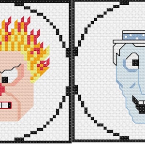 May include: Two cartoon faces, one with a fiery red and yellow hair and a red nose, the other with a blue face and a white hat with blue polka dots.