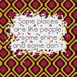 May include: A white background with a red and yellow geometric pattern. The text "Some places are like people, some shine and some don't" is written in black.