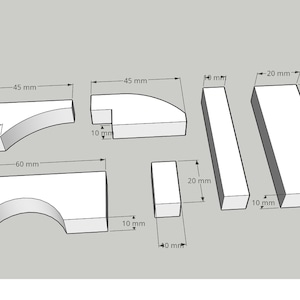 May include: Diagram of five wooden blocks with measurements in millimeters. The blocks are various shapes and sizes, including a curved block, a rectangular block, and a block with a curved top.