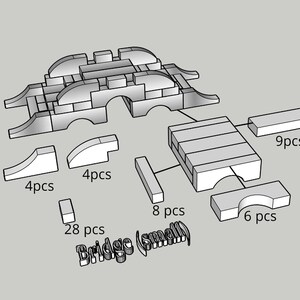 May include: A diagram showing the pieces needed to build a small bridge using wooden blocks. The diagram shows the different shapes and sizes of the blocks needed, as well as the number of each type of block required. The text "Bridge (small)" is included in the image.