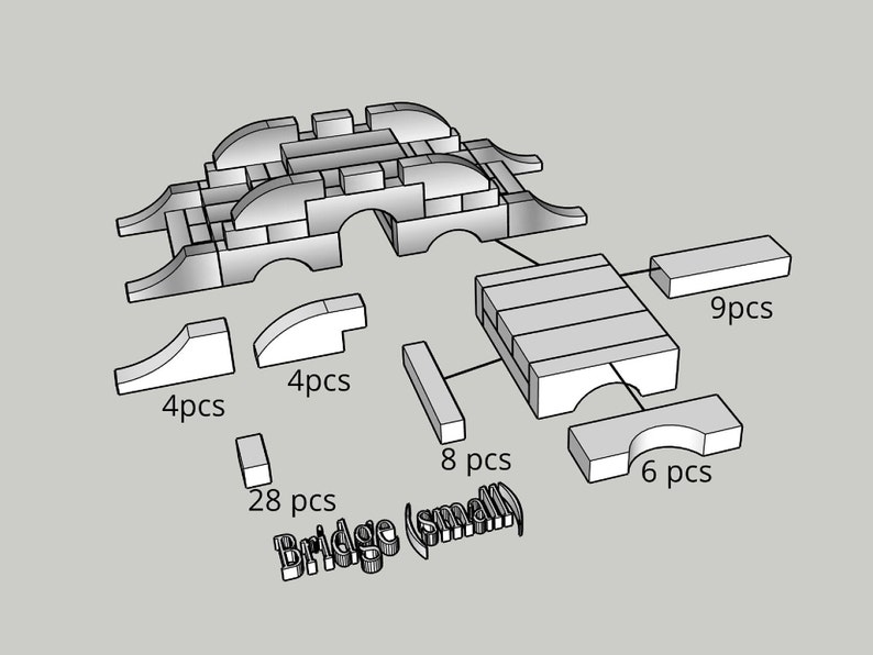 May include: A diagram showing the pieces needed to build a small bridge using wooden blocks. The diagram shows the different shapes and sizes of the blocks needed, as well as the number of each type of block required. The text "Bridge (small)" is included in the image.