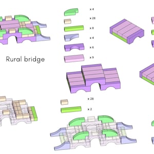 May include: A diagram showing how to build a rural bridge using colorful plastic bricks. The diagram shows the different types of bricks needed and how many of each are required. The bricks are in shades of green, purple, and beige.