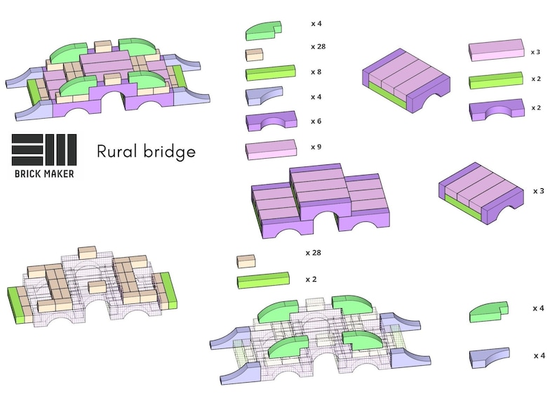 May include: A diagram showing how to build a rural bridge using colorful plastic bricks. The diagram shows the different types of bricks needed and how many of each are required. The bricks are in shades of green, purple, and beige.