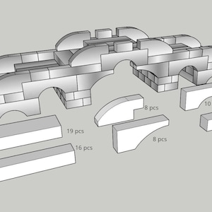 May include: A diagram showing how to build an arch using 100 blocks. The diagram shows the different shapes of blocks needed and the number of each shape. The text on the diagram says "19 pcs", "16 pcs", "8 pcs", "10 pcs", and "50 pcs".