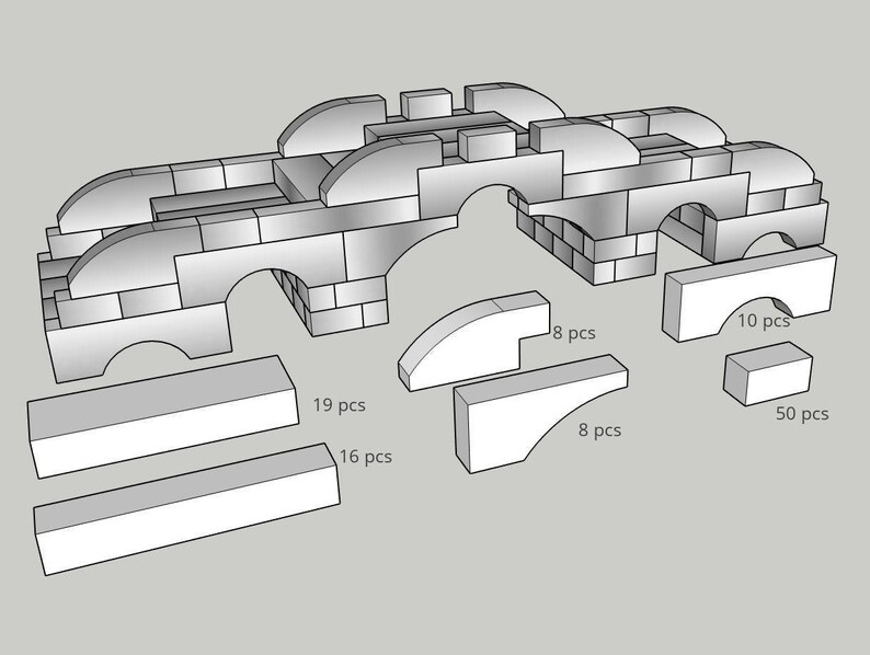 May include: A diagram showing how to build an arch using 100 blocks. The diagram shows the different shapes of blocks needed and the number of each shape. The text on the diagram says "19 pcs", "16 pcs", "8 pcs", "10 pcs", and "50 pcs".