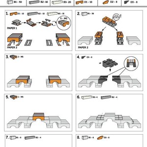 May include: A step-by-step guide for building a brick bridge. The instructions include diagrams and labeled pieces. The bridge is made of gray and orange bricks.