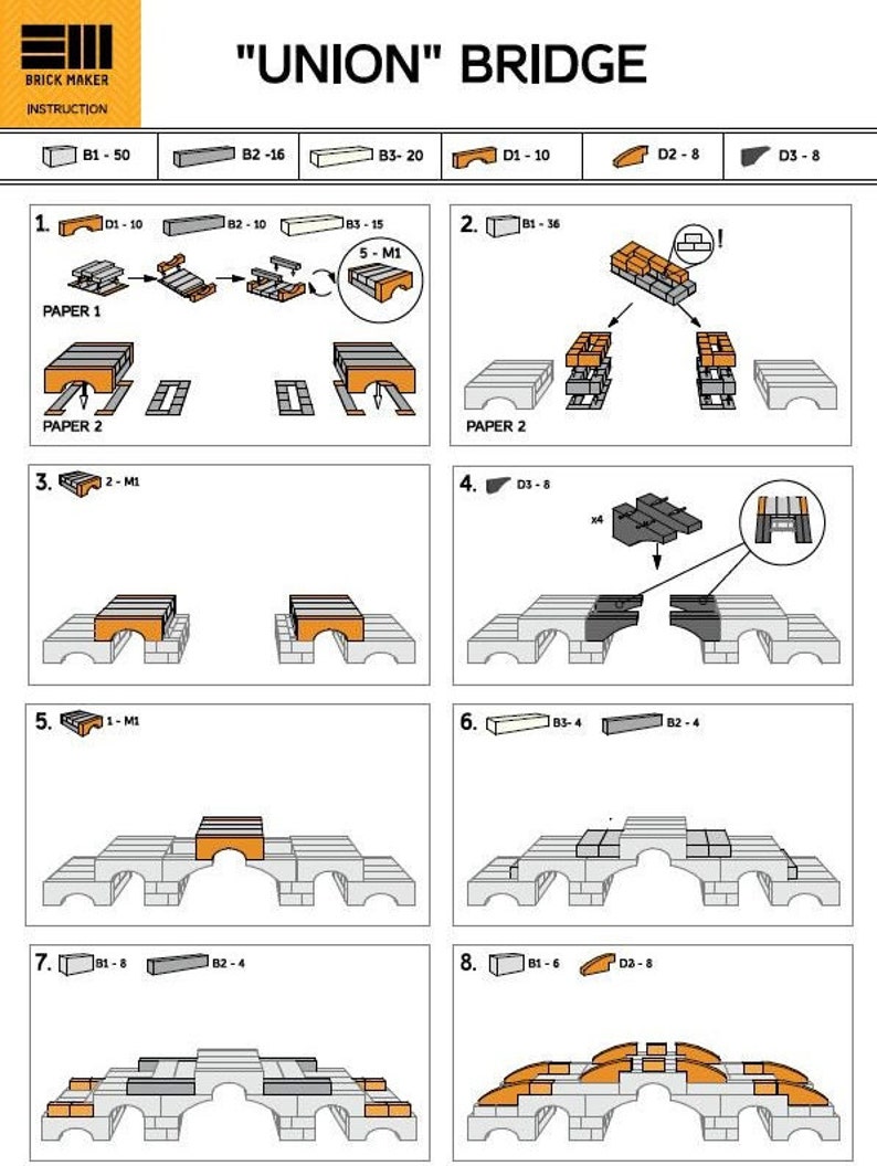 May include: A step-by-step guide for building a brick bridge. The instructions include diagrams and labeled pieces. The bridge is made of gray and orange bricks.