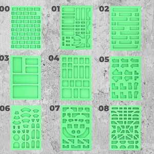 May include: Eight green silicone stencils with different patterns, numbered 00 to 08. The stencils are for crafting and creating patterns on various surfaces.