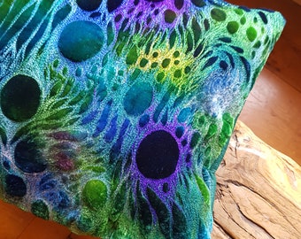 Luxurious stitched velvet cushion in greens, highly tactile, one off piece for the home.