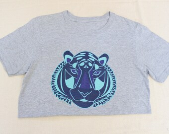 Unisex Tiger Grafik Hellgrau Kurzarm T-Shirt