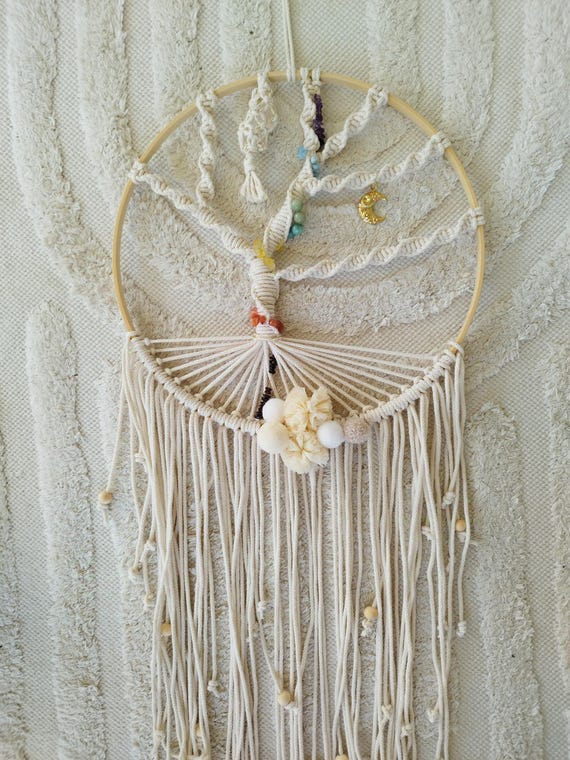 Macrame tree of life dream catcher with gemstone. For modern spirituality. Chakra Vaum
