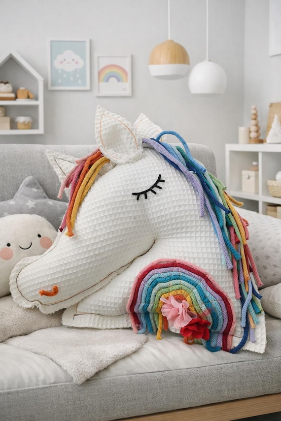 Unicorn Rainbow Pillow, Cuddly Pillow, Horse Head