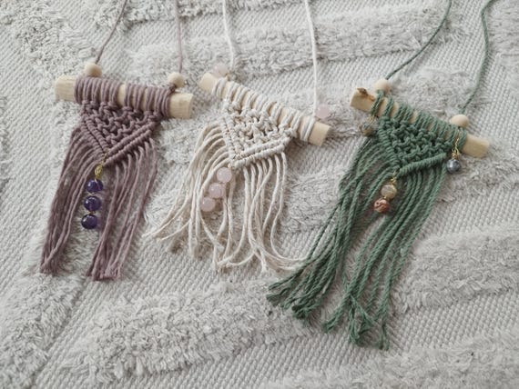 Mini Macrame Car Mirror Pendant with Gemstone