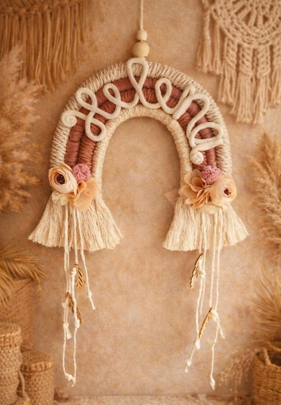 Macrame Rainbow Mobile with Flowers, Pom-poms & Name Personalization – Lovely Boho Decor for the Children's Room