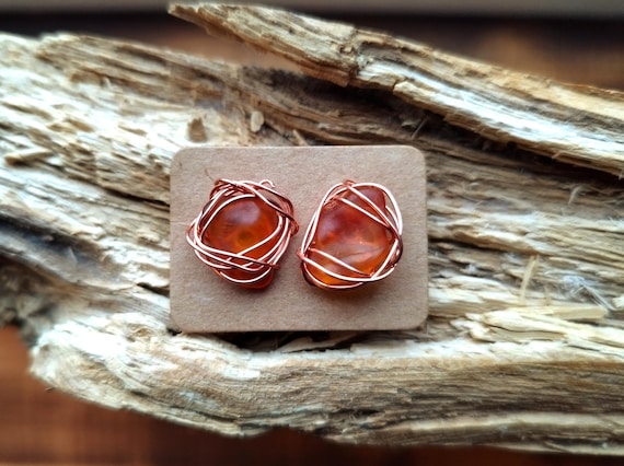 Amber earrings, copper earrings with raw amber