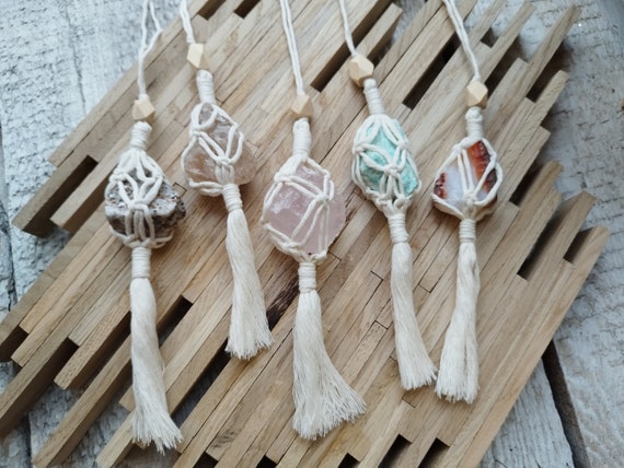 Macrame car pendant with gemstone