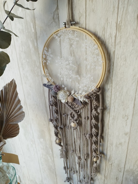 Dream catcher with macrame, lace and dried flowers