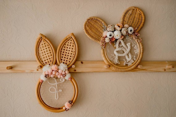 Rattan wall hanger rabbit or bear with decoration and letter