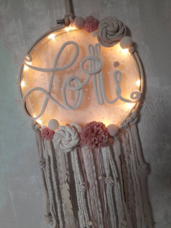 Dream catcher, embroidery frame with name, lace and bobbles