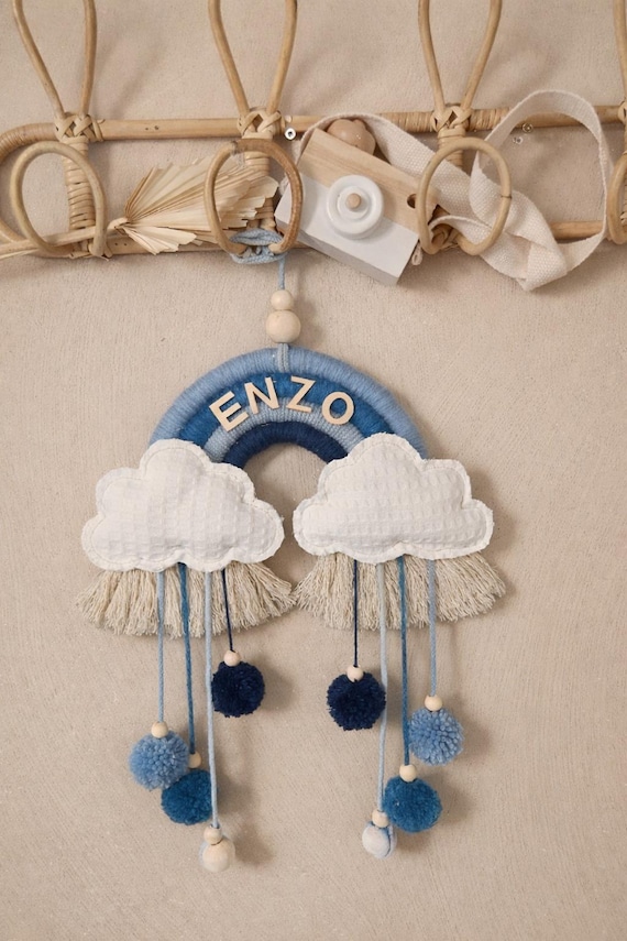 Macrame Rainbow Mobile with Clouds & Name Personalization – Lovely Boho Decor for the Children's Room