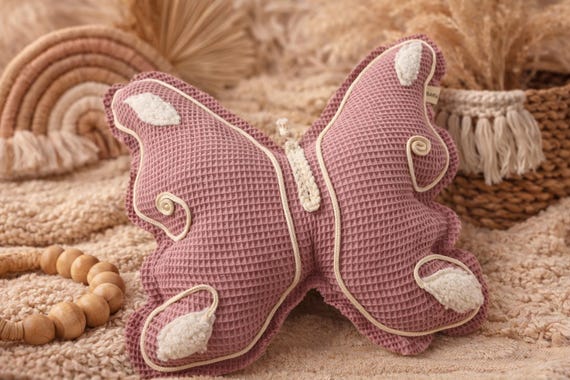 Butterfly pillow, cuddly pillow, waffle fabric