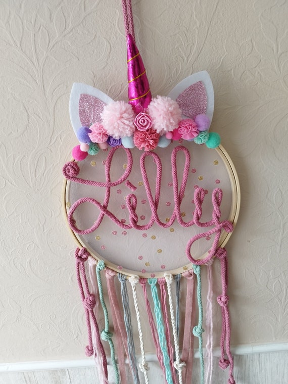 Macrame Unicorn Dream Catcher with Name and Glitter