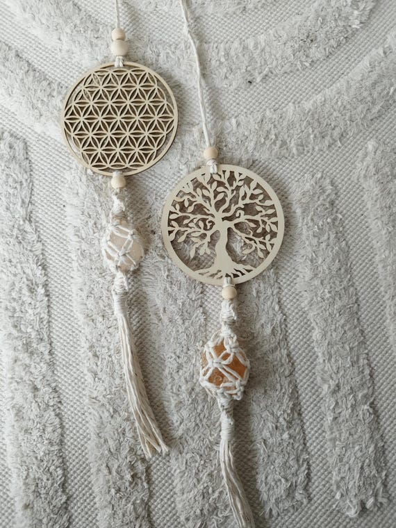 Macrame Chakra Pendant with Gemstone, Flower of Life, Tree of Life