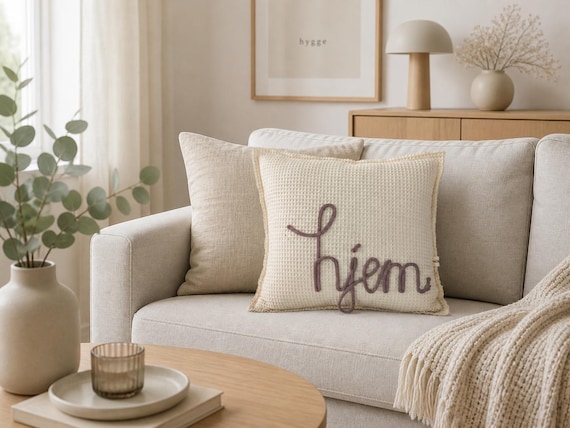Hygge Inspired Scandinavian Cushion – “Hjem” Text Pillow – Cozy Minimalist Living Room Decor