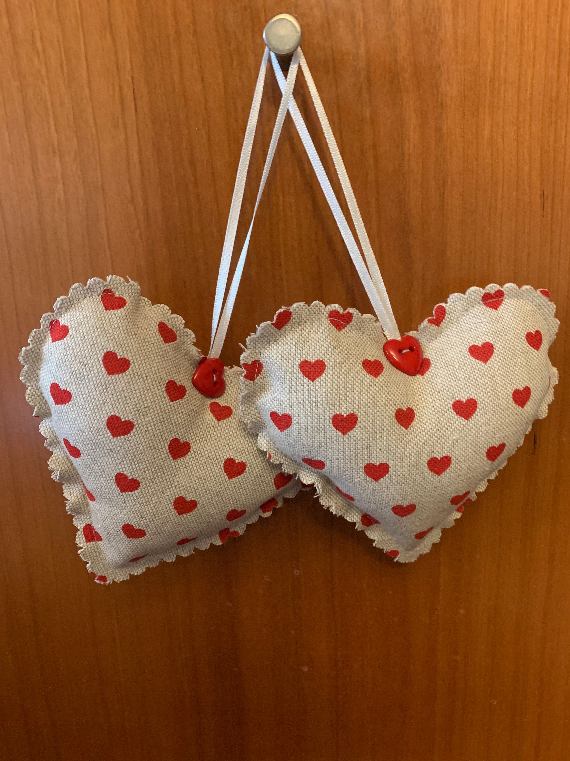 Handmade Fabric Set Of 2 Hanging Heart Decoration With Red Etsy