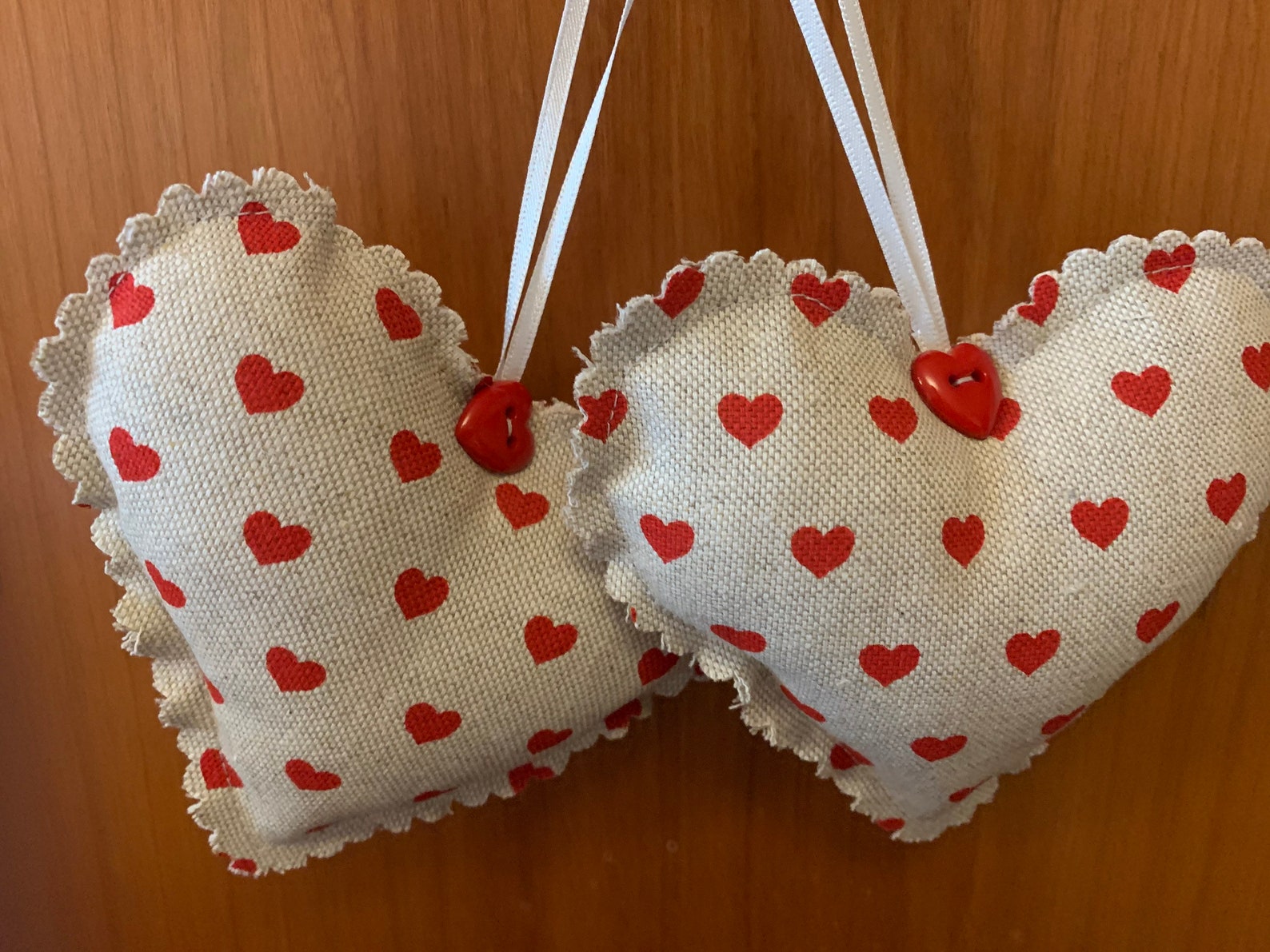 Handmade Fabric Set Of 2 Hanging Heart Decoration With Red Etsy