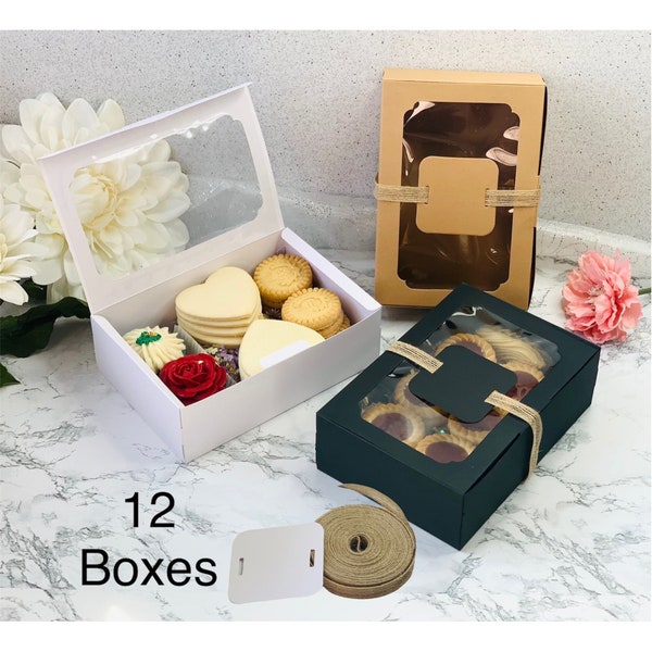 12Pcs Cookie Boxes With Window Plus Tags and Linen Ribbon, Strawberry Boxes Packaging, Candy Treats Boxes, Pastry Box, Desserts Box