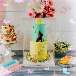 2 Sets 4 Tiers Extra Tall Clear Cake Boxes And Ribbon - 13"L x 13"W x19.5"H, Big Tall Cake Box for Birthday Wedding Gift Collection Showcase