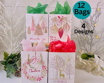 12 PCs Pink Christmas Gift Bags Set With Handles - Pink Gold Christmas Gift Bag, Merry Christmas Gift Bag, Christmas Tree bags Sets