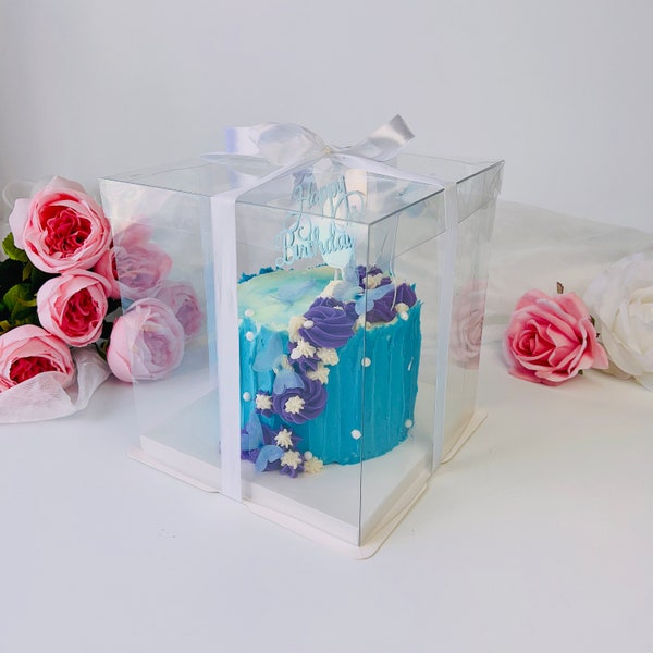 8.5''L x 8.5''Wx 9''H Clear Cake Gift Box And Ribbon, Clear lid Box for Birthday,Wedding,Holiday Cakes and Desserts