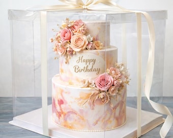Large Tall Clear Cake Box with Ribbon 13x13x14, Transparent Cake Display Packaging for Birthday Cakes, Wedding Tier Cakes, Bakery Business