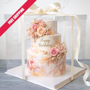 Tall Clear Cake Box 13x13x14, Tiered Cake Box for Home Bakers, Clear Cake Packaging for Birthday Wedding, Tall Cake Display Box with Ribbon