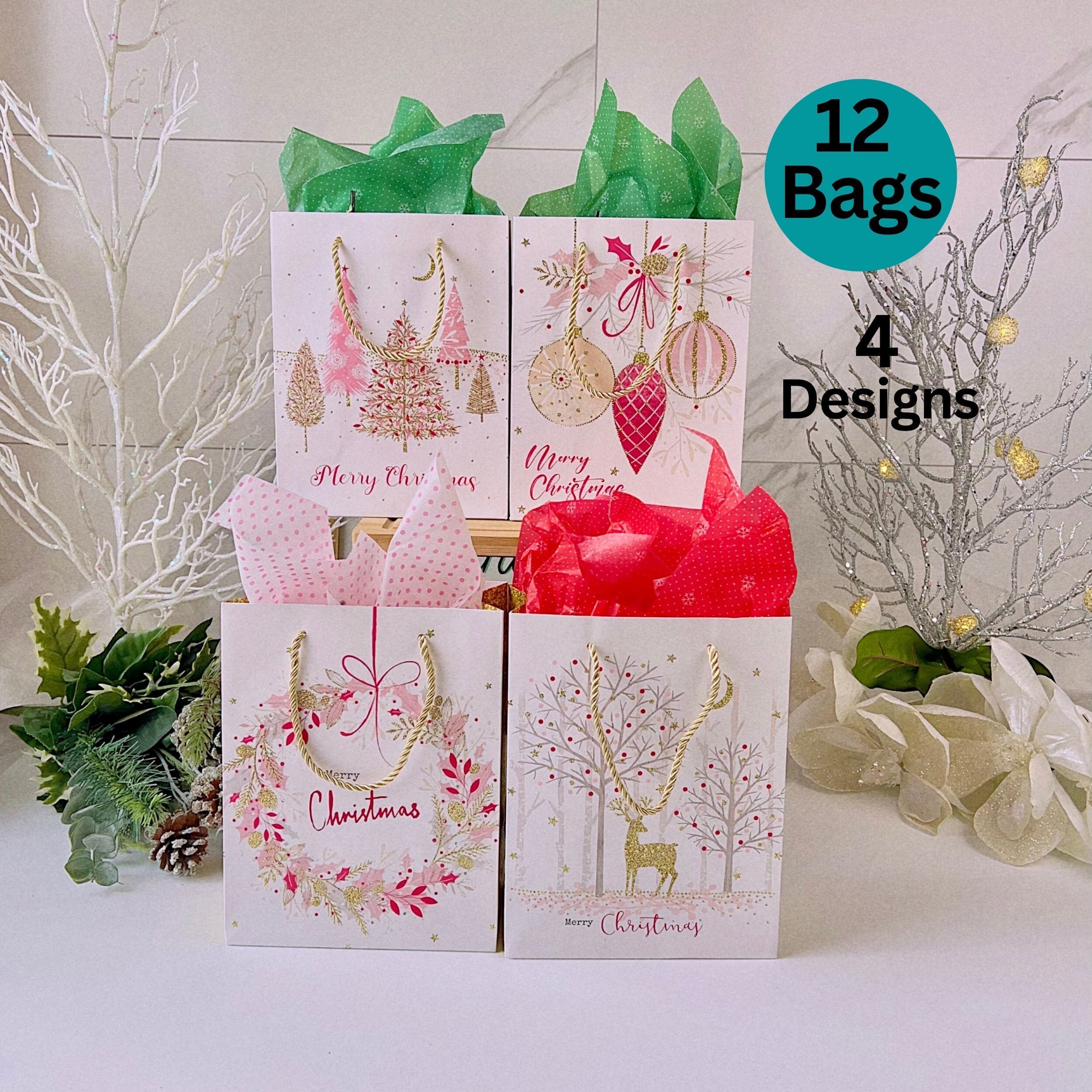 Set di 12 sacchetti regalo natalizi, sacchetti regalo natalizi di medie  dimensioni con manici, sacchetto regalo natalizio nero con 4 design -   Italia