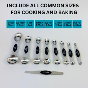 May include: Set of eight stainless steel measuring spoons with black markings indicating the size and volume in milliliters. The spoons are arranged in order of size from largest to smallest. A silver metal leveling tool is included.