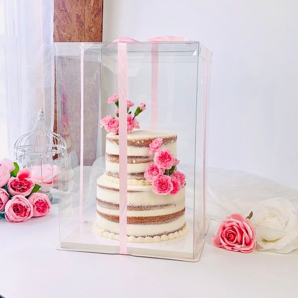 4 Tier Extra Tall Clear Cake Box and Ribbon - 13"L x 13"W x 19.5"H, Big Tall Cake Box for Birthday / Wedding / Gift / Collection Showcase