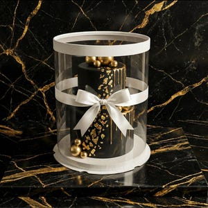 May include: A two-tiered black cake with gold detailing, displayed in a clear, cylindrical box tied with a white ribbon. The cake features gold leaf and spheres, offering an elegant and celebratory aesthetic.
