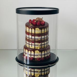 May include: A two-tiered cake with chocolate ganache, fresh raspberries, and gold leaf accents, displayed inside a clear, cylindrical container with a black base and lid. The cake sits on a black cake stand.