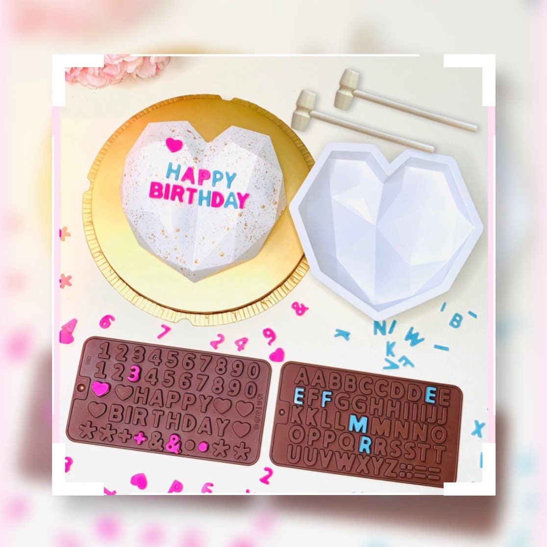 GuiPQS Heart Silicone Molds Silicone Breakable heart Mold Heart Molds for  Chocolate with Hammers Number and Letter Molds for Making Hot Chocolate