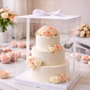 Könnte beinhalten: Dreistöckige weiße Hochzeitstorte, verziert mit Pfirsich- und cremefarbenen Rosen und Schleierkraut, in einer transparenten Box mit weißer Schleife. Die Torte steht auf einem weißen Sockel, mit Cupcakes und Blumen im Hintergrund.