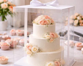 Wedding Cake Gift Box, Clear XL Cake Display Box 14x14x16 Tall, 2 Sets Transparent Bakery Dessert Packaging , dessert display Box w/ Ribbon